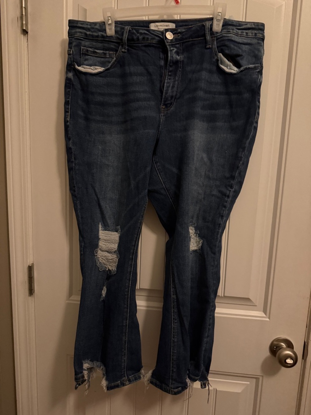 Curvy High-Rise Dark Blue Distressed Wide Leg Jeans